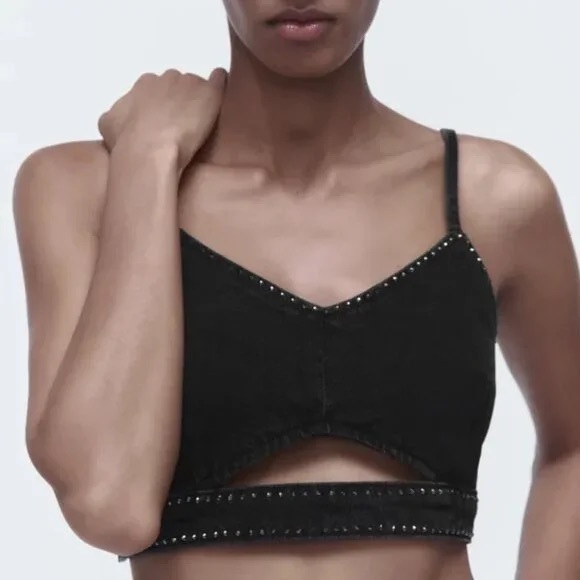 Zara | Studded Denim Cutout Crop Top Size XS black - Picture 1 of 6